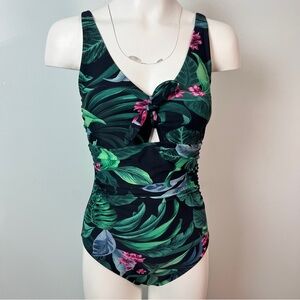 Kona Sol Tropical Green & Pink One-Piece Swimsuit | Ruched Waist | Size Small